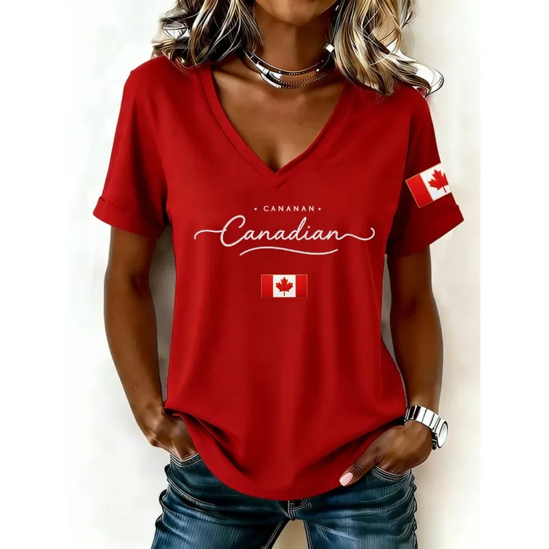 ilstile New Arrival Women's Canadian Maple Leaf Flag Print T-Shirts Summer Short Sleeve Casual V Neck Tops Black White Red Tees