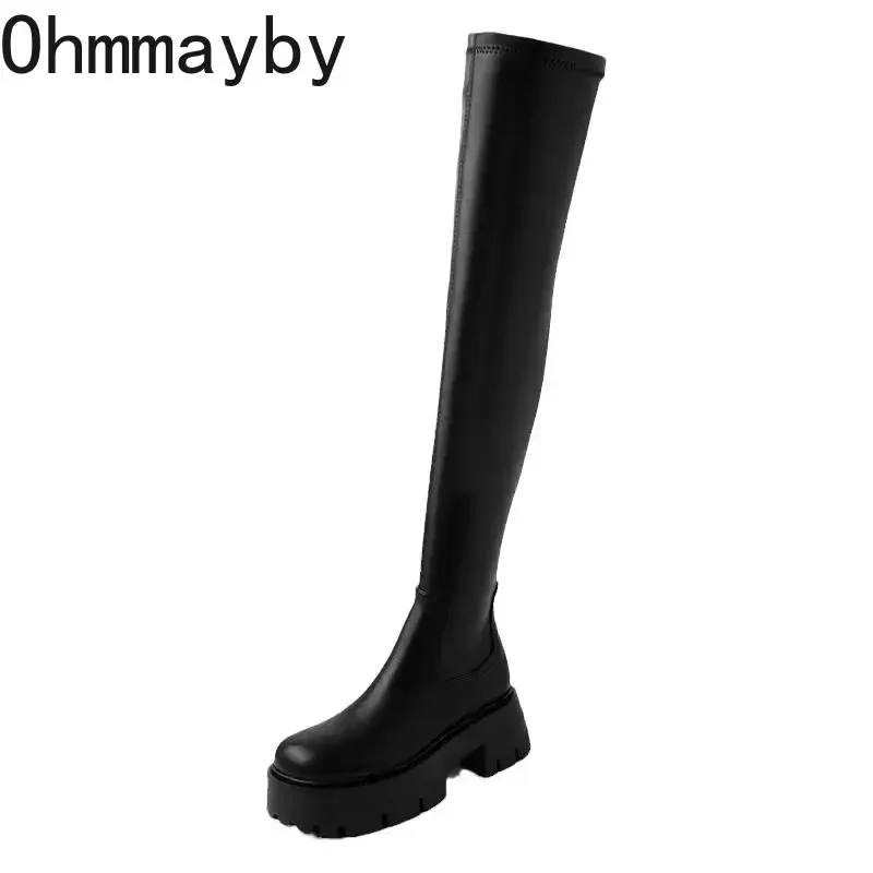 Autumn Winter Stretch Over The Knee Boots Women Fashion Round Toe Square Platform Thick Heels Long Booties