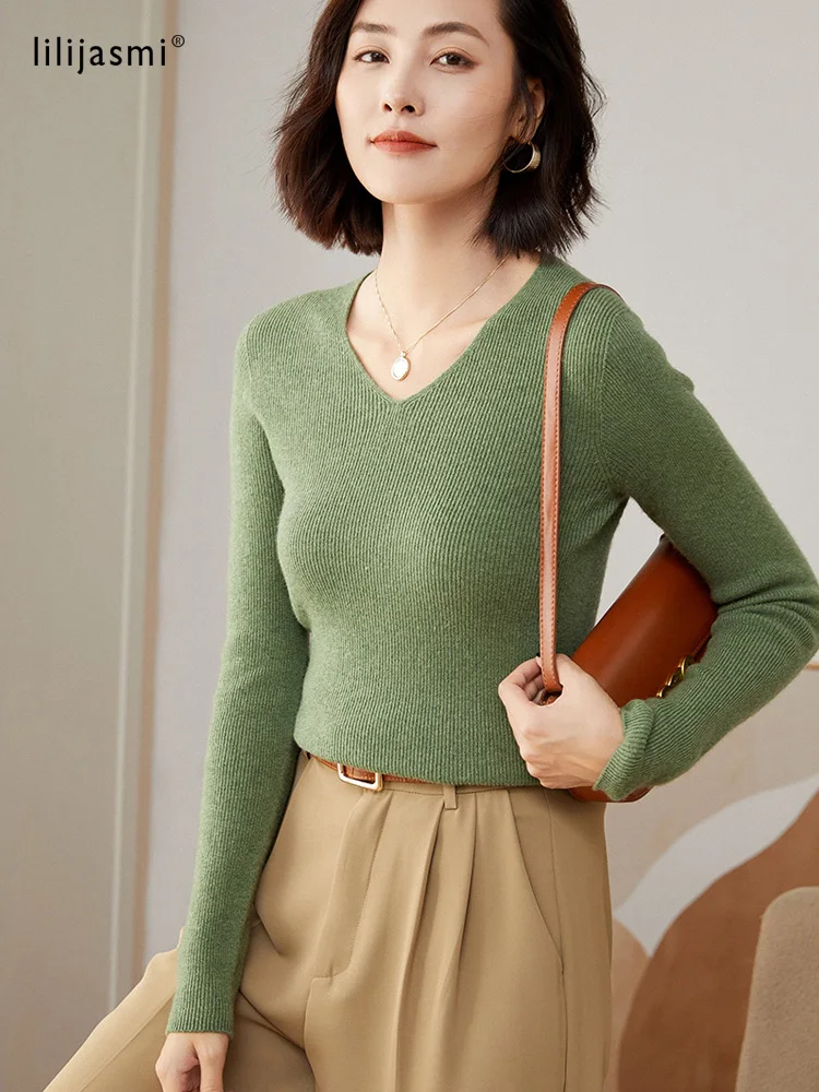 Women 100% Wool Pullover No-Seam Unibody V-Neck Pullover Sweater Basic Solid Style Pure Elastic Slim Fit Jumpers 2022 New Colors