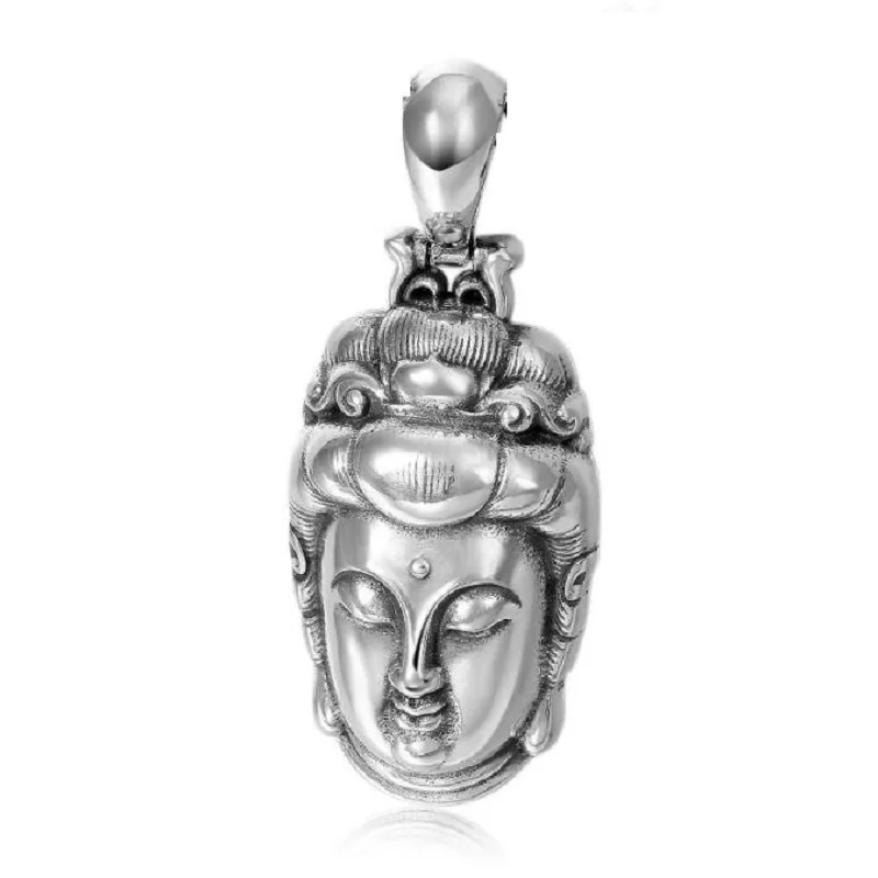 100% 925 Silver Tibetan Kuanyin Buddha Statue Pendant Real Silver Buddhist Avalokitesvara Bodhisattva Pendant Good Luck Amulet