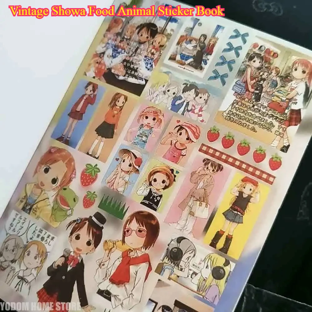 Vintage Showa Food Animal Sticker Book - 50 Sheets Non-Repeating Cute Cartoon Girl for Scrapbooking