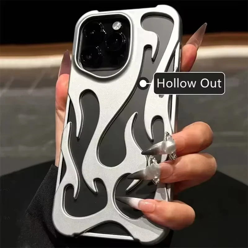 Mode Überzug 3D Höhlte Flamme Telefon Fall Für iPhone 16 15 14 13 12 11 Pro Max Fundas Kreative Galvani Weiche Zurück Abdeckung
