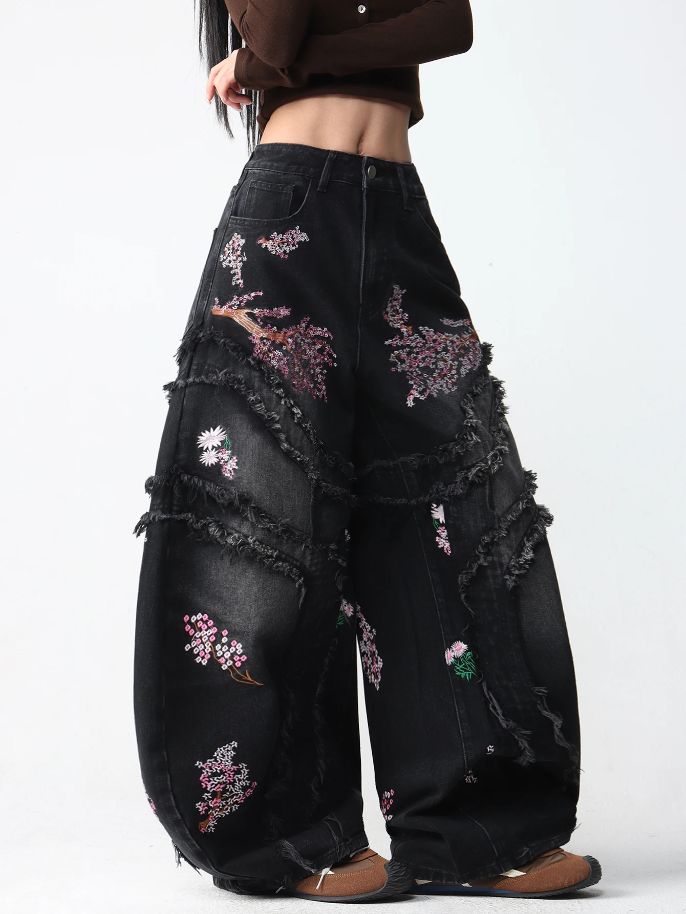Women's embroidered fringed fringe patchwork curved knife loose trend brand denim pants in US/European size