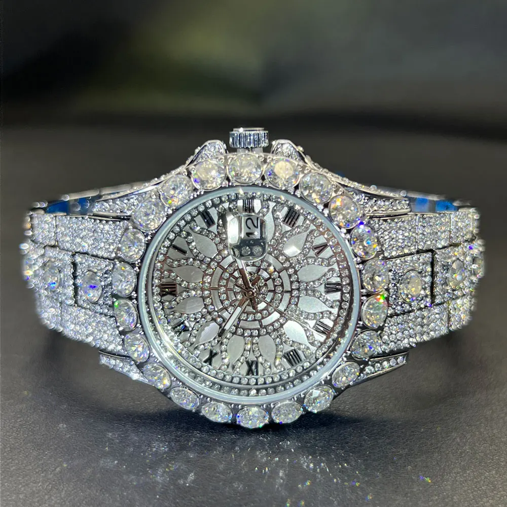 MISSFOX Fashion Lced Out Silver Mens Watch Luxury Calendar Waterproof Watch For Man Hip Hop High Quality Big Diamond Wristwatch