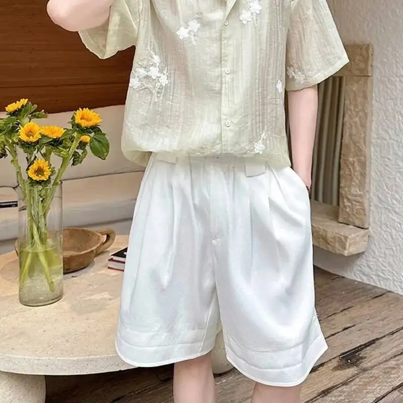 Men's Summer Trendy Buttoned Design Cropped Casual Shorts White Loose Elastic High Waist Wide Leg Knee Length Pants XW9G