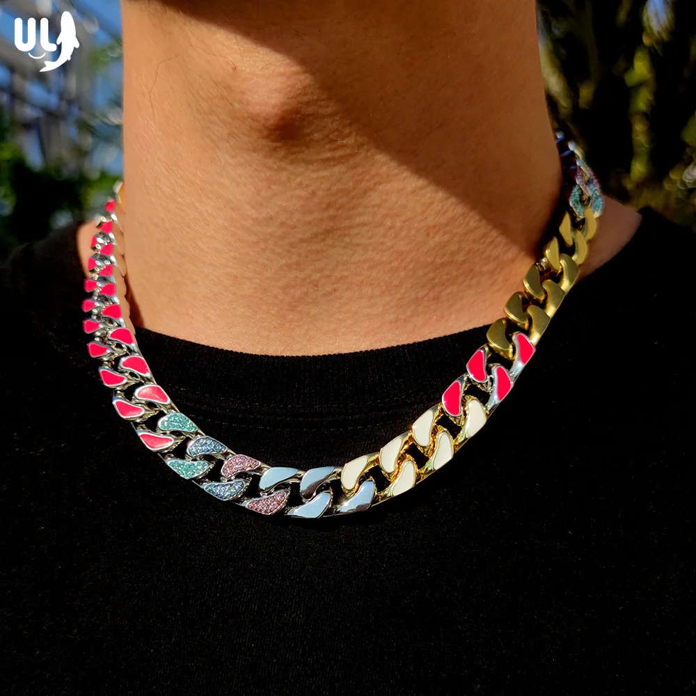 

ULJ Miami 12.3mm Colorful Cuban Chain Iced out Necklace For Men Women 316L Stainless Steel Snap Button Hip Hop Jewelry