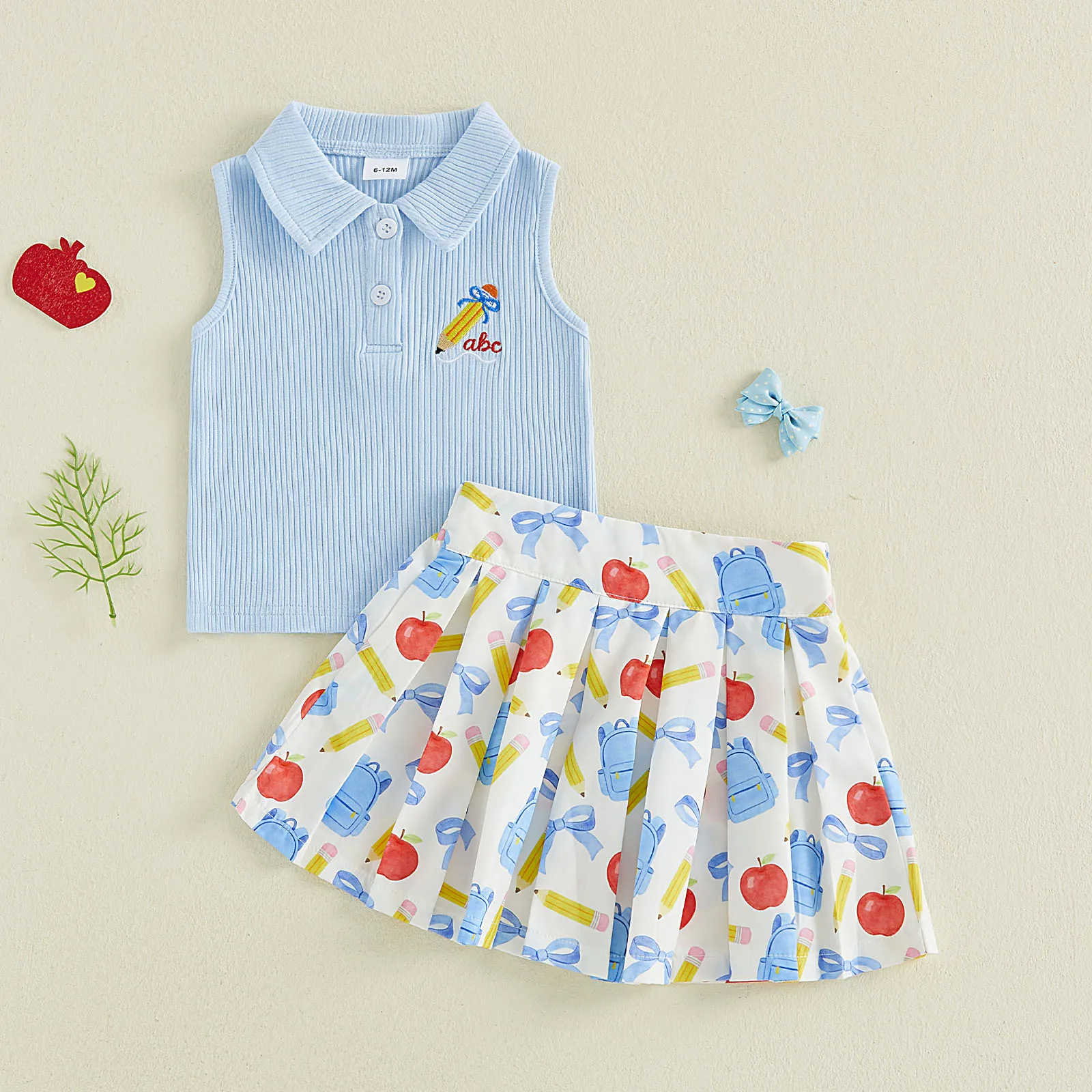 Girls Back to School Outfit Embroidery Pencil Tank Top with Pleated Mini Skirt Summer Girls Clothes Outfit Set
