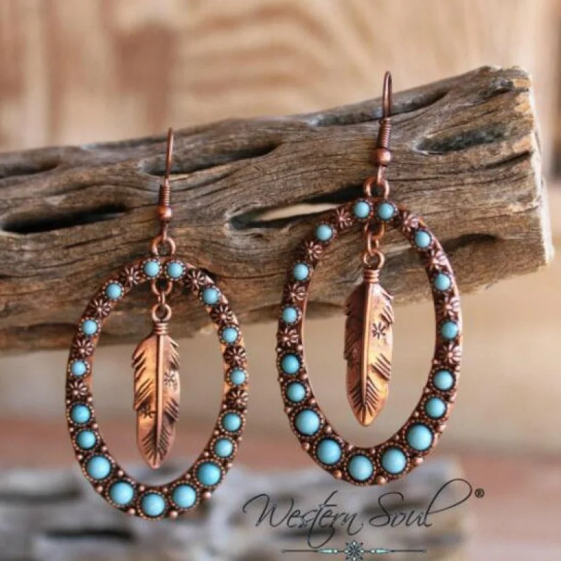 NEW Border Antique Silver Exaggerated Charm Mom Hollow Out Earrings With European Court Retro Blue Turquoise Feathers For Women