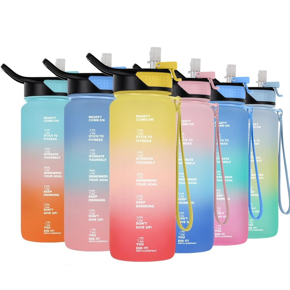 1L Gradient Color Motivational Water Bottle with Time Marker & Straw, Leakproof BPA Free Sports Water Jug for Gym, Hiking