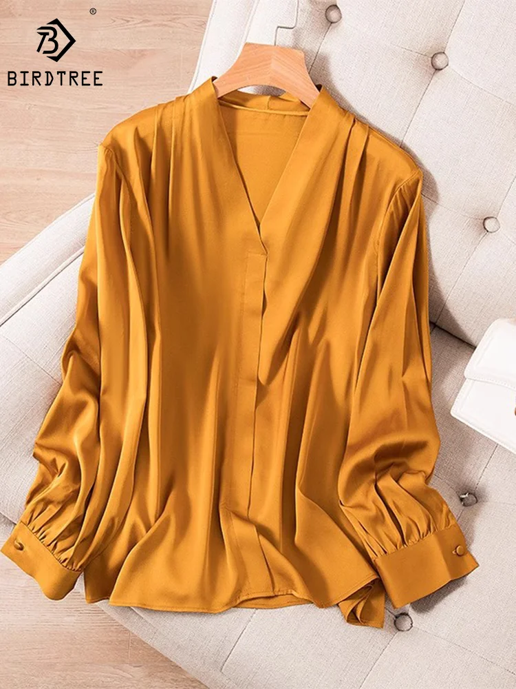 

Birdtree 93% Silk 7% Spandex Elastic Elegant Shirt Double Georgette V-neck Long Sleeve Golden Blouse For Women New T30608QM