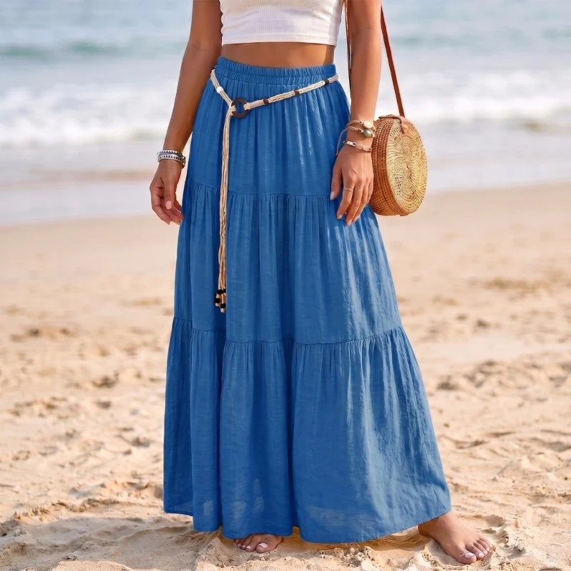 Skirts for Women Linen Maxi Skirt Pleated Long Flowy Elastic Skirt Tiered Beach A-Line Skirts