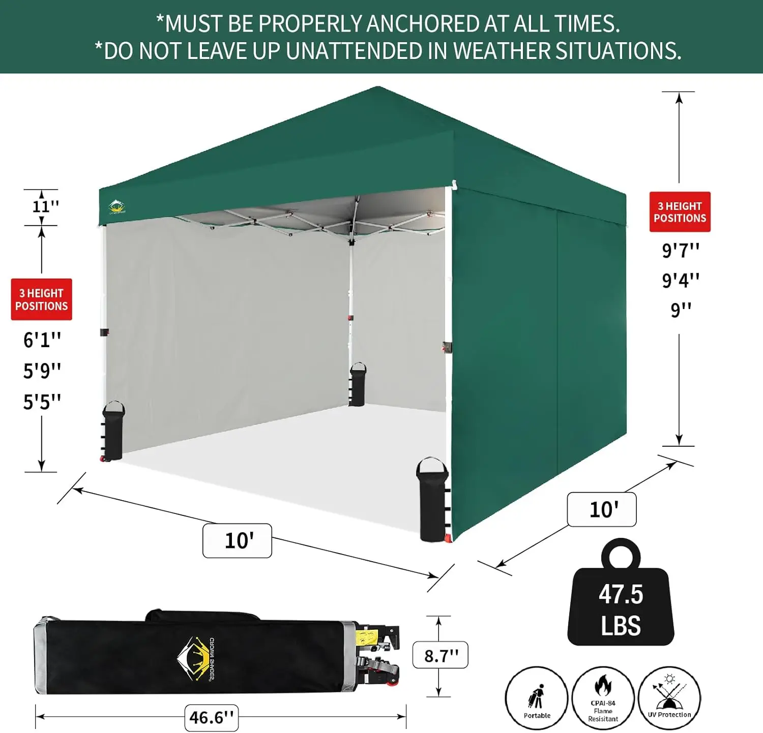 SHADES-Tente Pop-Up avec Verrouillage Central, 10x10, 10x10 avec 4 Flancs Latéraux, Vert Forêt