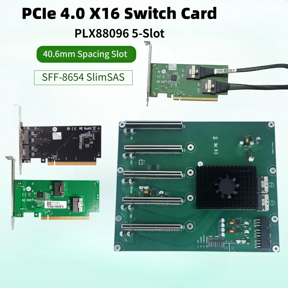 PLX88096 PCIe 4.0 X16 Switch Card GPU Expansion Card 5-Slot SFF-8654 SlimSAS To PCI-E 4.0 Breakout Board Kit GPU Network U.2 SSD