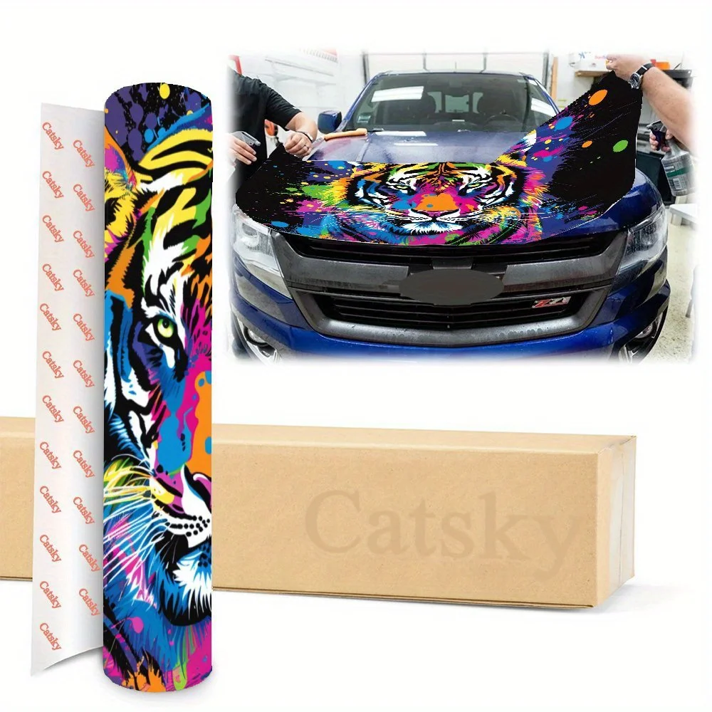 غلاف فينيل لسيارة النمور الملونة - ملصق غطاء محرك مذهل، PVC مقاوم للرذاذ، سهل الإزالة، مناسب للسيارات، ذاتي اللصق، وات #4