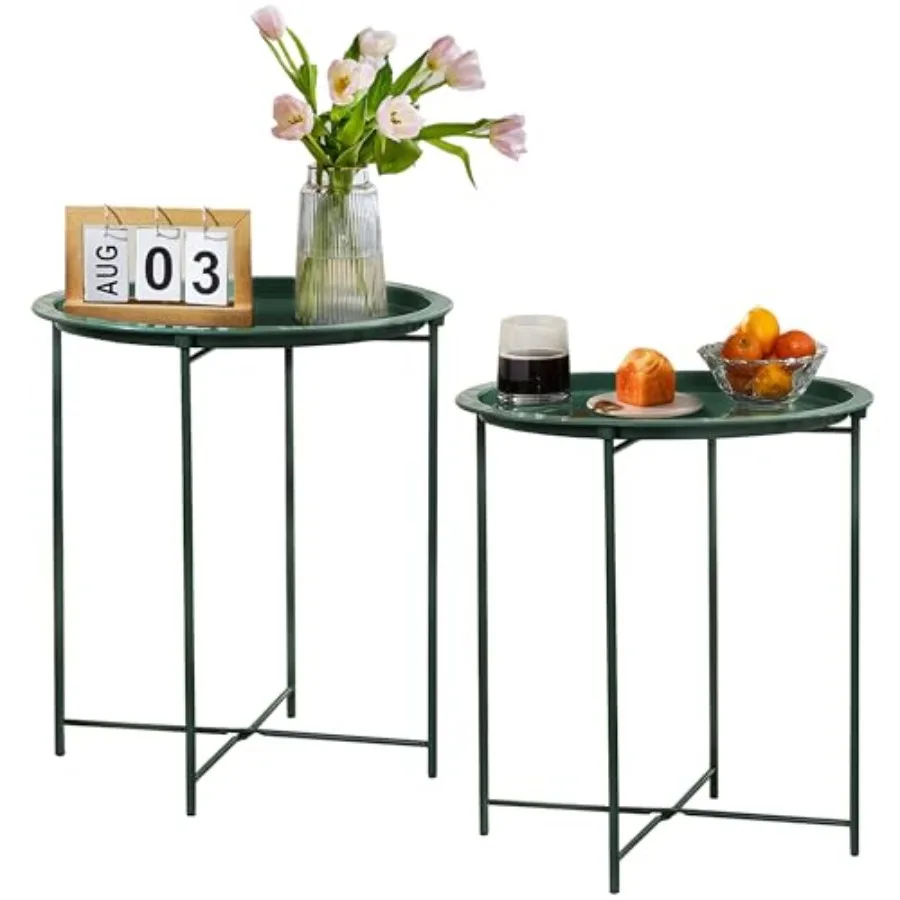 

Side/End Table Folding Round Metal Anti-Rust and Waterproof Outdoor or Indoor Tray for Living Room Bedroom Balcony and Office 2