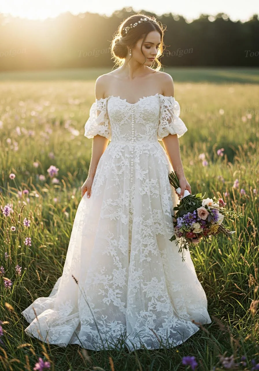 Toofgon Lace Boho Customized Wedding Dresses Short Sleeves Buttons Formal Bride Dress Country Haute Couture Long Bridal Gowns