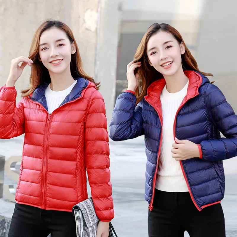 Two-Sided Autumn Winter Warm Hooded Down Jacket Women Ultra Light Thin White Duck Down Coat Female Short Puffer Parkas Outwears