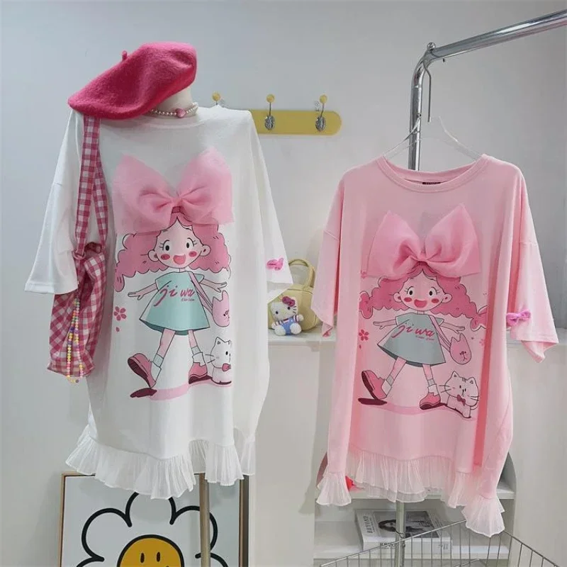 

Plus Size Sweet Lace Patchwork Bow T Shirts Summer O Neck Short Sleeve Print Fashion Loose Tops Casual High Street Women Clothes