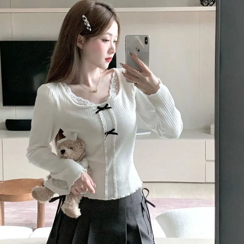 

Kimotimo Sweet Bow Lace Patchwork Long Sleeve Knitted Tops 2025 Autumn Slim Fit Cropped Sweater Temperament Versatile Pullover