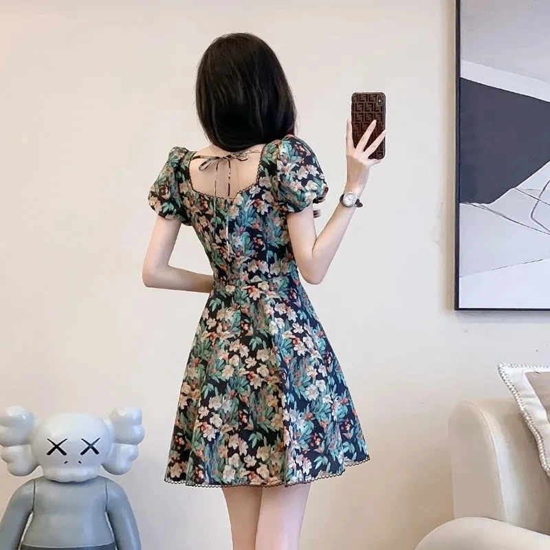 2024 New Summer Mini Dress Women High Waist Female Floral Dress Elegant Square Neck Fashion Clothing for Woman