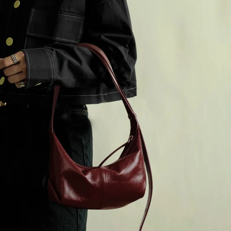 Burgundy Genuine Cowhide Leather Underarm Bag for Women Luxury Designer Oil Wax Leather Dumpling Bags Small Crossbody Hobos Bag