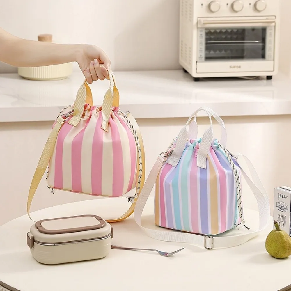 Color Block Drawstring Lunch Box Bag Drawstring Striped Insulated Lunch Bag Aluminum Foil Liner Waterproof Lunch Pack