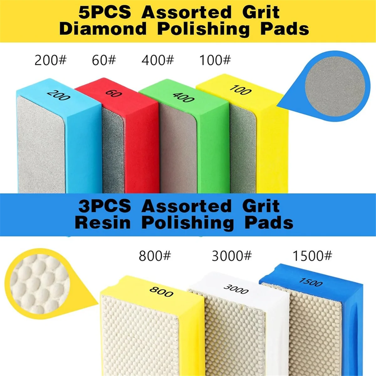 7 Pcs Diamond Hand Polishing Pads 60/100/200/400/800/1500/3000 Grit Diamond Sanding Pads Wet and Dry Sanding Block