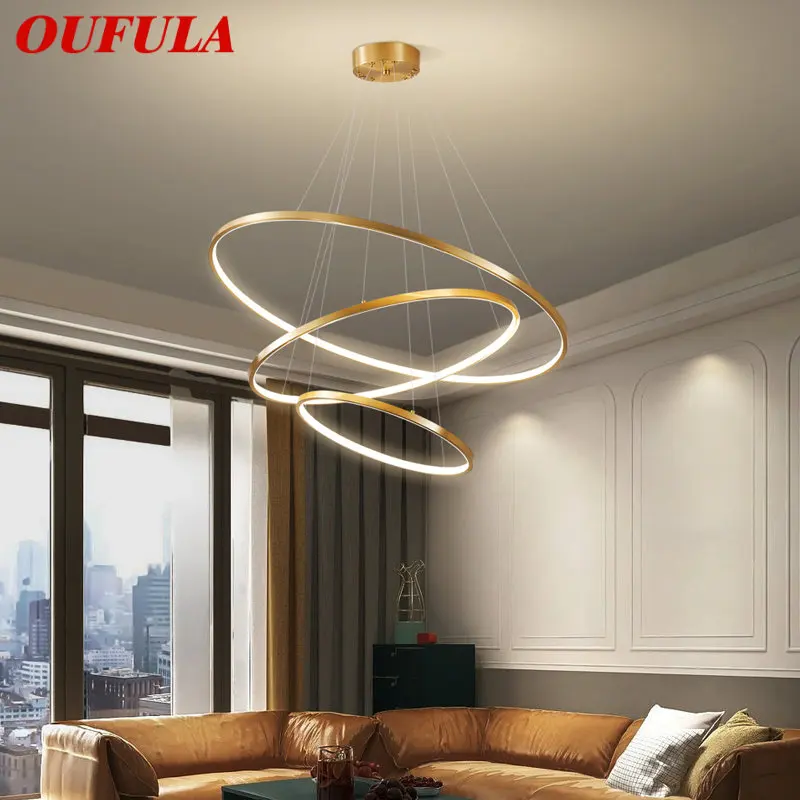 OUFULA Nordic Copper Pendant Lamp LED Luxury Gold Simple Ring Brass Hanging Light Decor For Home Living Room Hotel