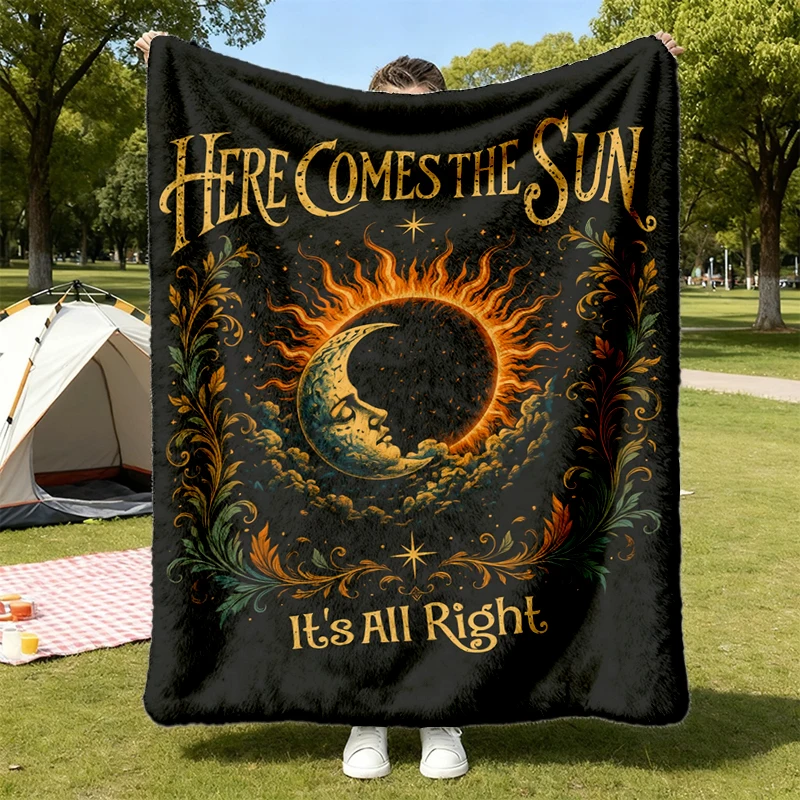 Sun Moon Flannel Blanket, Celestial Graphic Flannel Throw, Cosmic Eclipse Cozy Blanket, Mystical Sky Warm Blanket, Boho