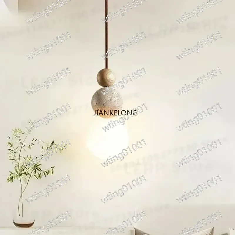 for JKL Cream Yellow Travertine Pendant Light Natural Stone Wood Hanging Lamp Bedroom Bedside Dining Kitchen Island Decor