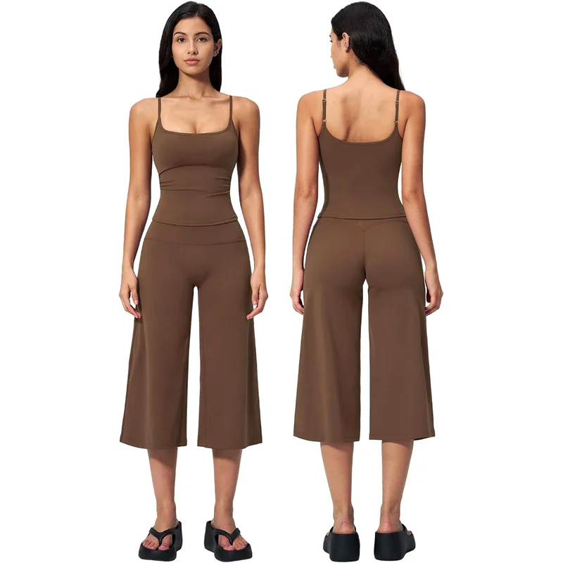 Women's 2 Piece Yoga Set with Straight Leg Capri Pants, 4-Way Stretch Outfit for Pilates, Workouts and Casual Lounge Wear