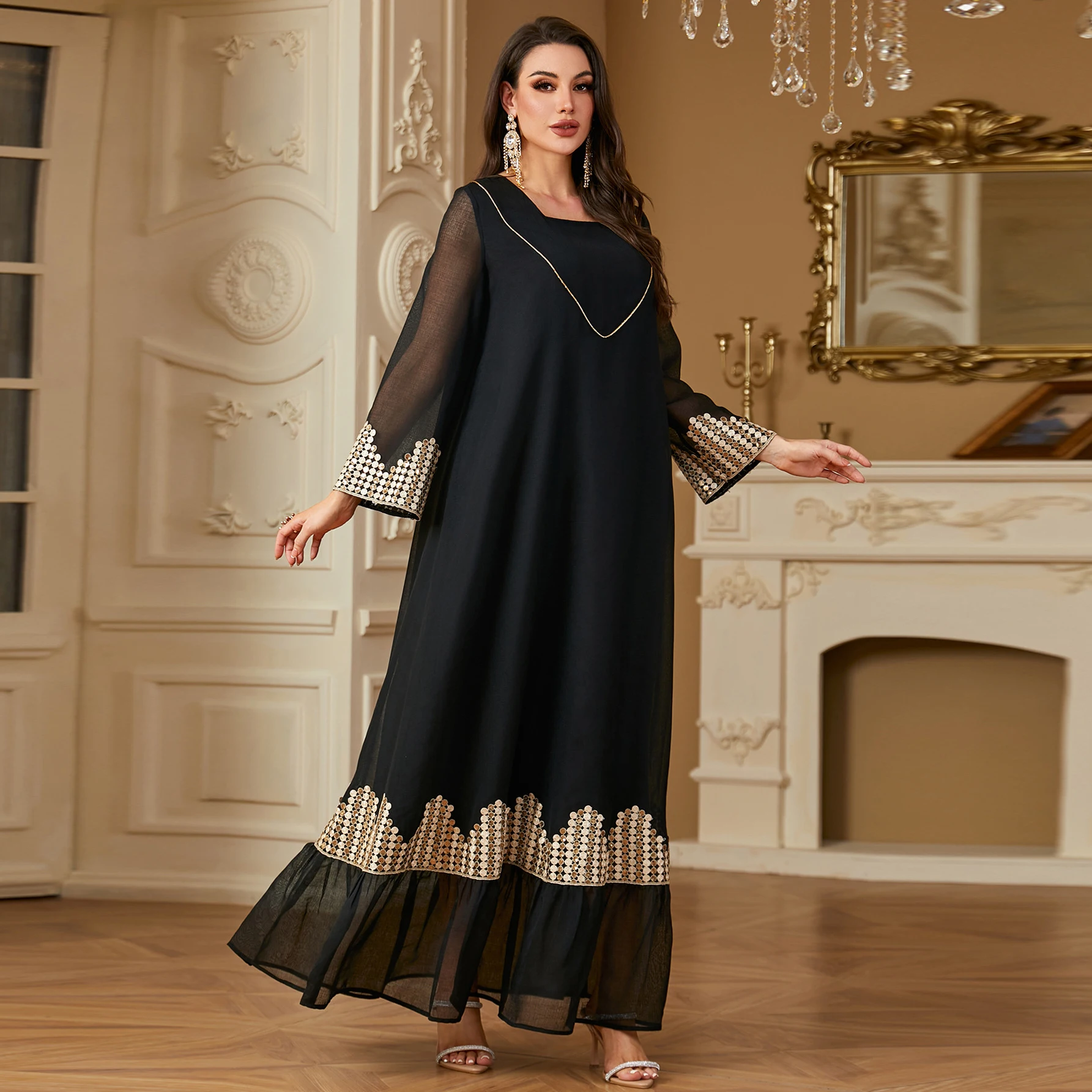 UNI Eid Party Abito musulmano Donna Abaya Elegante Maxi Jalabiya Ricamo Maglia Paillettes Marocco Caftano Turchia Arabo Abito lungo Dres