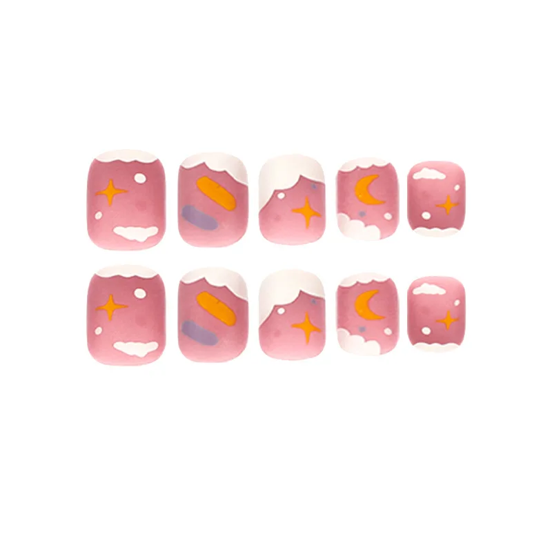 24Pcs/Set Short Round Head Fake Nails Art Gentle Clouds Rainbow Star Moon Wearable False Nails Removable Press on Acrylic Nail