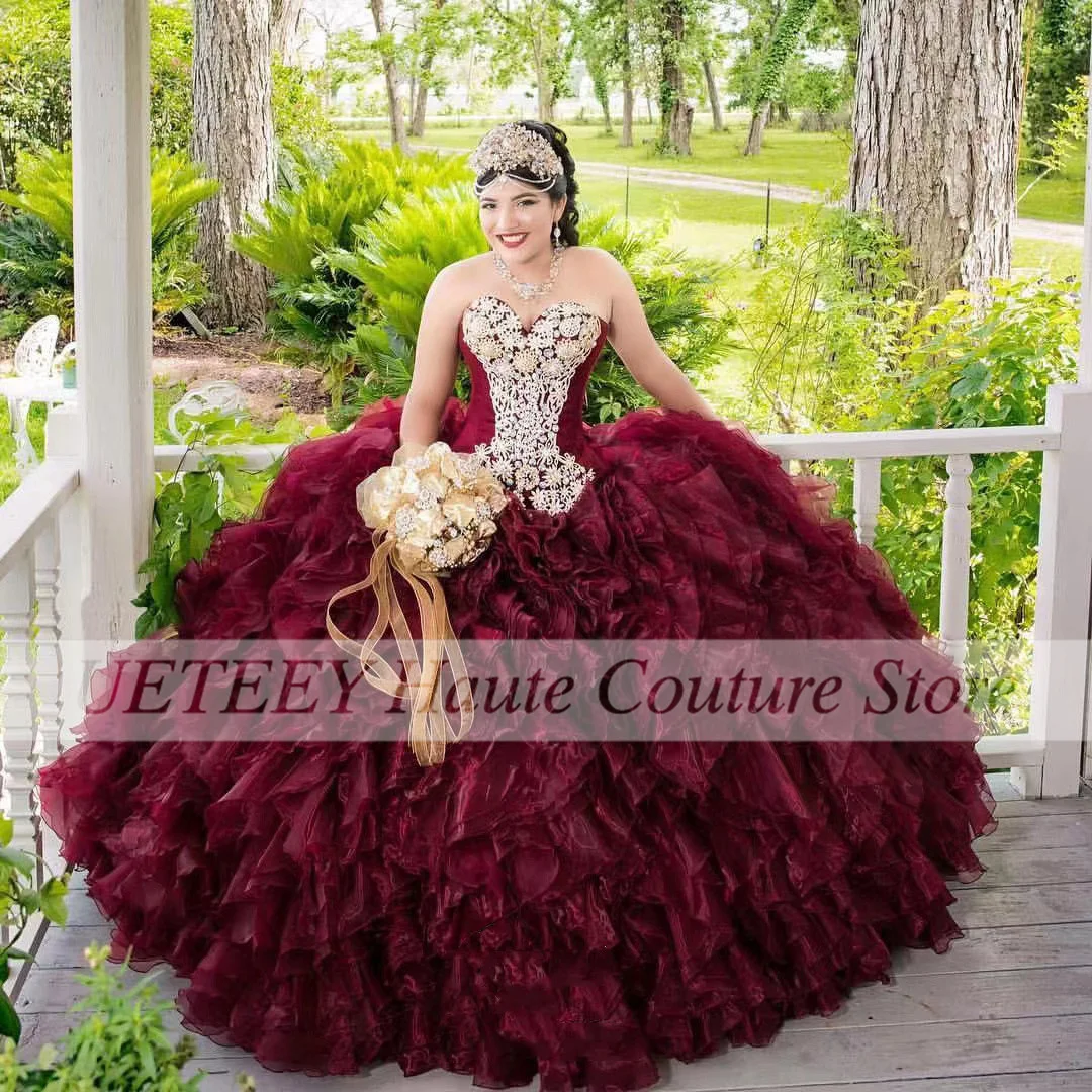 Vestidos De Quinceañera Burdeos para niñas, Vestidos De baile De princesa con volantes, vestido De desfile, Vestidos De Quinceañera De 15 pulgadas