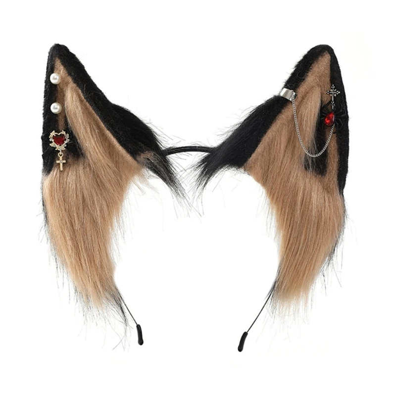 Q0KE Cartoon Foxes Wolf Ear Hair Hoop with Alloy Earring Decor Hair Holder Cosplay Party Headwear for Teenagers Adult