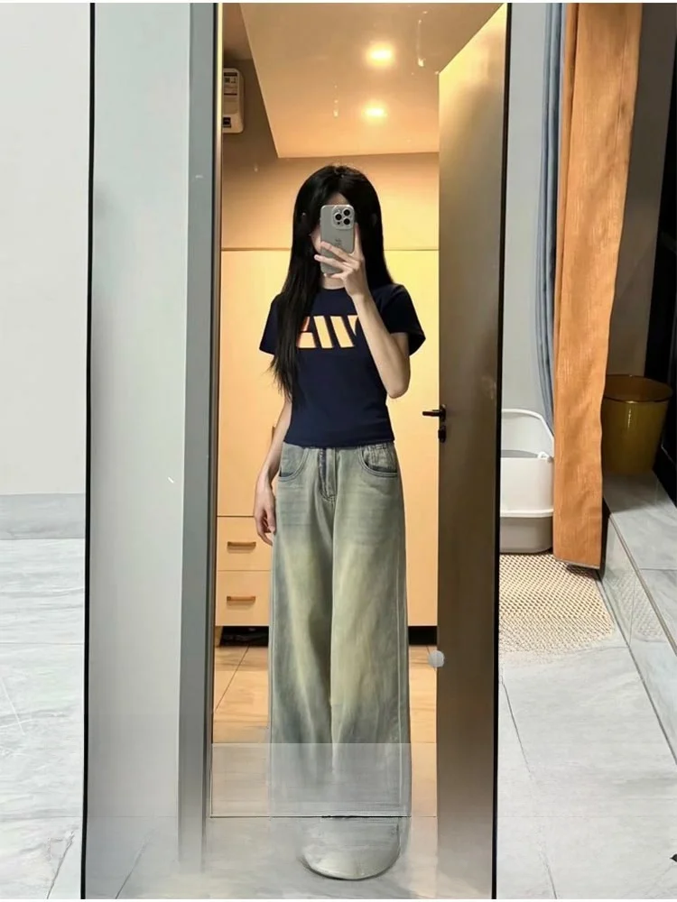 

Ретро джинсы с широкими штанинами для женщин, с высокой талией, свободного кроя, стройнящие, из денима, осенне-зимние, цвета желтой глины, прямого кроя