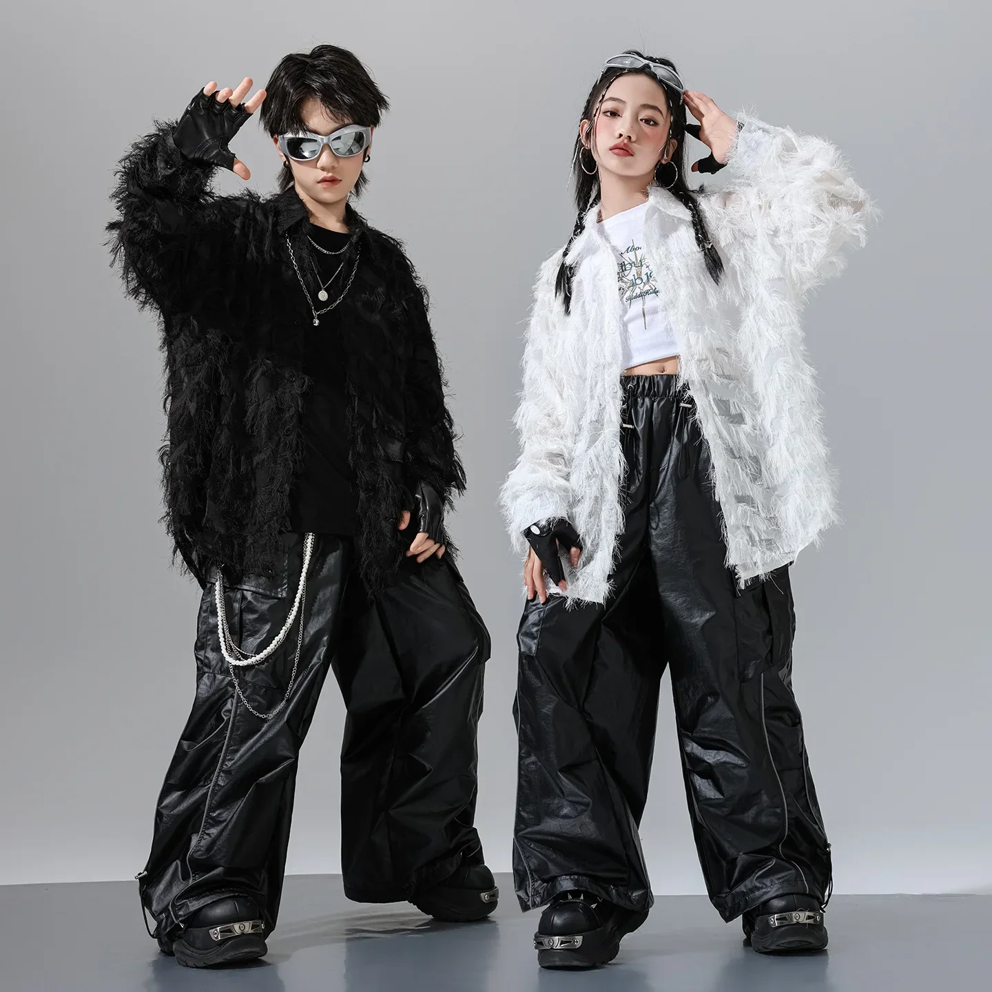 Children Boys Girls Streetwear Hiphop Lightweight Loose Long Sleeve Shirt Cargo Pant Sets Kids Shirt Trousers Stage Show Clothes