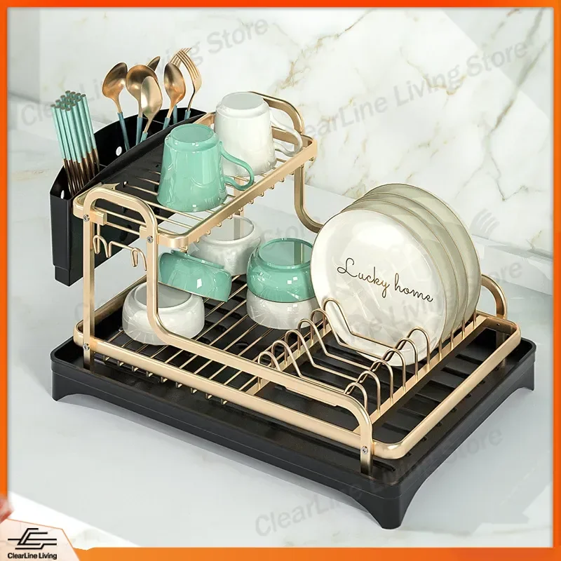 Hot Selling Aluminum Alloy Kitchen Storage Rack Double Layer Dish Drain Rack Bowl Rack Countertop Organizer Space Saving