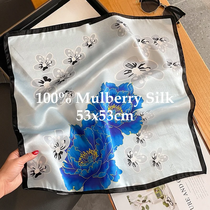 Butterfly Peony 100% Silk Scarf 53cm Square Women Neck Hair Headband Bandana Bag Wrap Gift Elegant Soft Daily Chic Lightweight