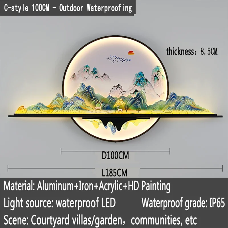 SEAN ภาพจิตรกรรมฝาผนังกลางแจ้งโคมไฟ LED 1 เมตรเส้นผ่านศูนย์กลางวงกลมภูมิทัศน์กันน้ําภาพจิตรกรรมฝาผนัง Villa Courtyard Garden ตกแต่งภาพวาด