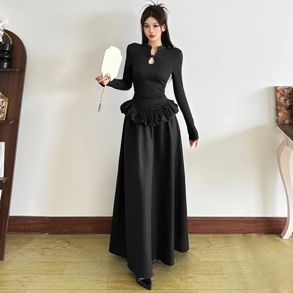 فساتين طويلة أنيقة مكشكشة من SylCue للسيدات للخريف بياقة واقفة وأكمام طويلة وكشكشة تصميم يومي غير رسمي على الموضة