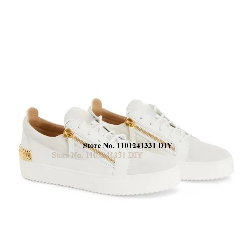 White Leather Shoes Studded Low-Top Sneakers Men Side Zipper Gold Tone Board Casual Shoes Zapatillas Chaussure Man\'s Shoes Flats