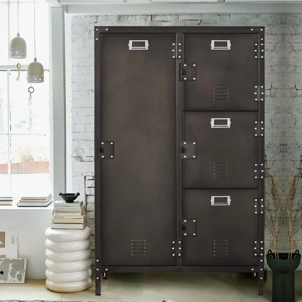 

Steel Wardrobe Cabinet Locker, Rustic Metal Storage Cabinet with Shelf, Lockable Doors and Hanging Rod, Industrial Locker for L