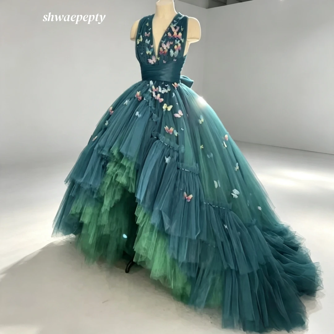 Dark Green High Low Ball Gown Prom Dress Sleeveless Butterfly Applique Gradient Ruffle Tulle Tiered Evening Gown Customized