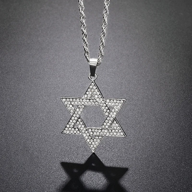 Hip Hop Ice Crystal Zirconia Israeli Star of David Pendant Shield of David Hexagram Necklace Men's Jewish Jewelry Gift