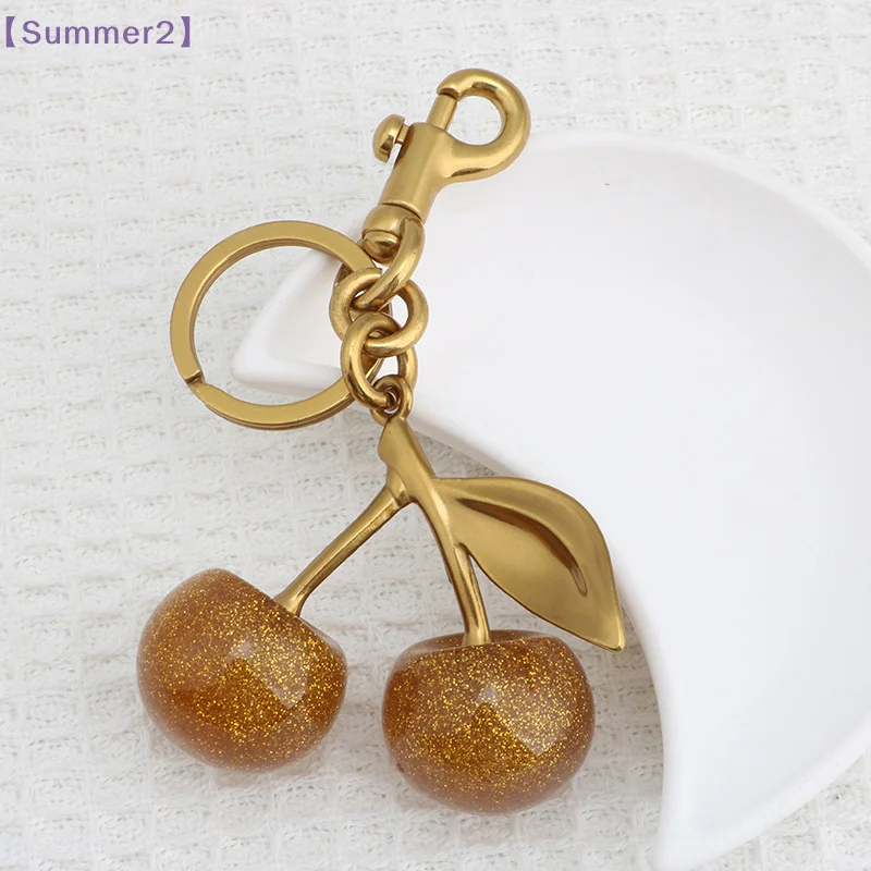 Sparkling Gold Cherry Pendant Ornament For Handbag Shoulder Bags Women's Purse Keychain Charm Festive Christmas Accessory〔Sum2〕