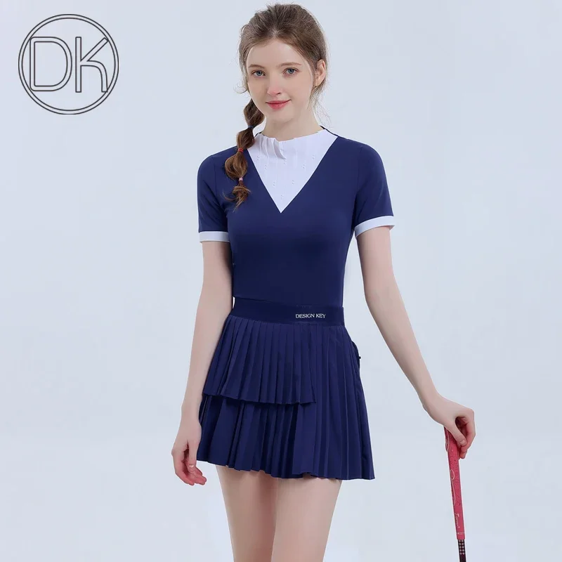 DK Golf Clothing Lady Suit Short Sleeve Summer Splicing Quick-dry T-shirt Cute V-neck Lace Collar Top Irregular Pleated Skort