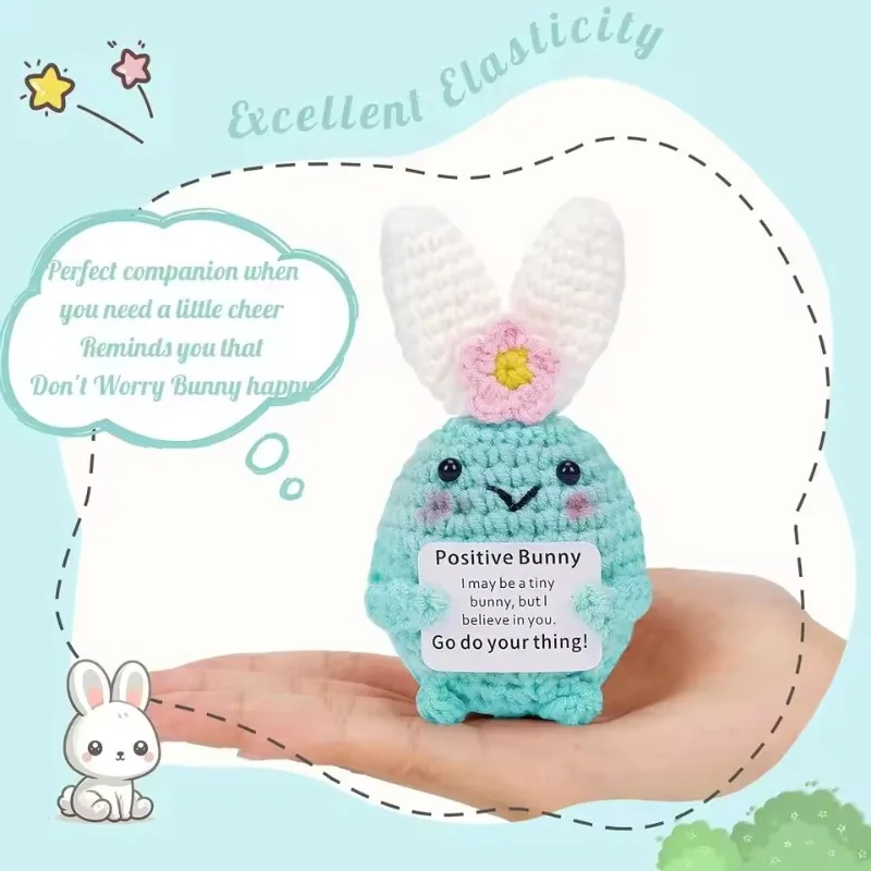 

Crochet Emotional Support Bunny Doll with Positive Card: New Handmade Knitted Rabbit Ornament – Home Room & Desktop Decor