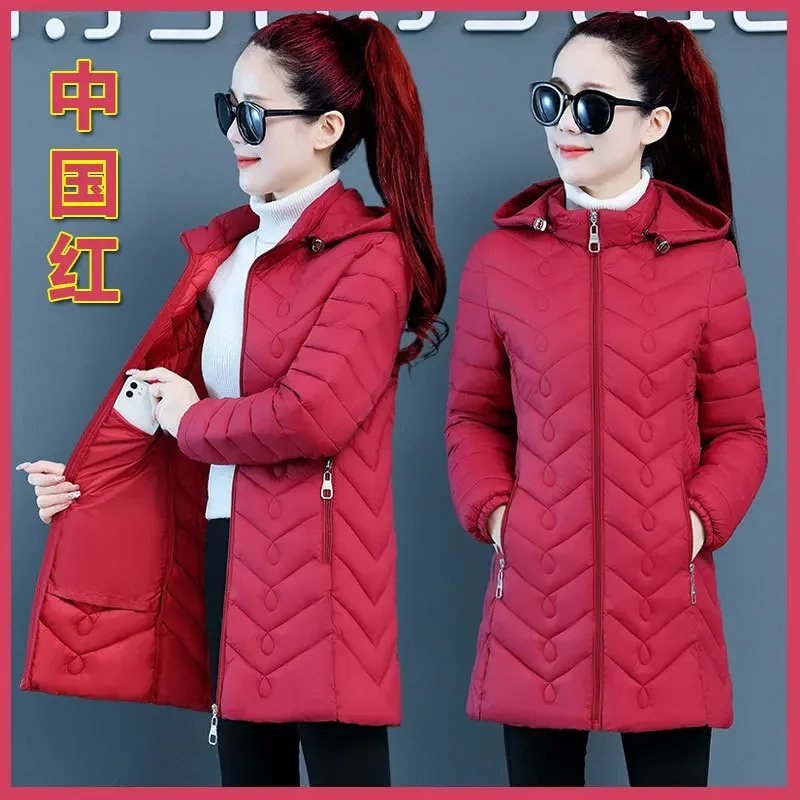 Medium Long Styles Light Quilted Jacket Long-sleeved Zippers Jacket New Hooded Slimming Middle Age Women Cotton-padded Coats