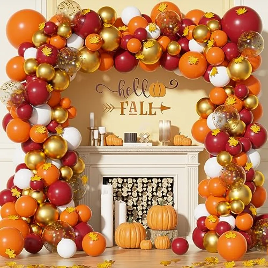 Herbstballons, Girlandenbogen-Set, Orange, Gold, Burgunderrot, Weiß, Konfetti-Luftballons mit künstlichen Ahornblättern, Girlande für Thanksgivi